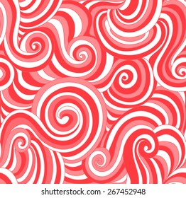 Abstract red and white vector seamless pattern with curved lines like lolipops. Endless vector texture