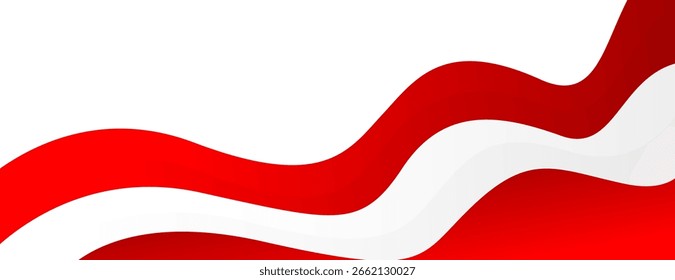 Abstract red and white wave background. Modern Indonesian flag color theme. Minimalist patriotic banner design for Independence Day, national events, web headers, and more