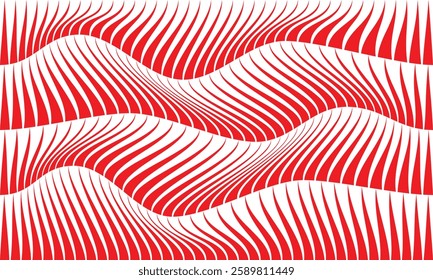 Abstract Red and White Wavy Line Pattern Creating a Fluid Optical Illusion with Dynamic Motion Effect