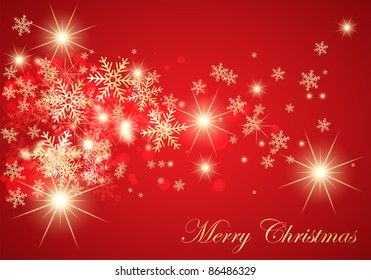 Abstract red winter background with glowing stars and snow