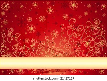 Abstract red winter background with gold curves and snowflakes - vector