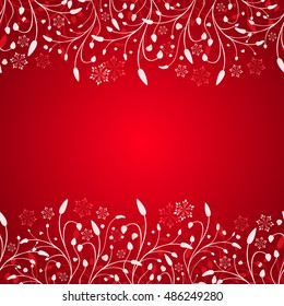 Abstract red winter branches Christmas background with copy space in the center. Christmas greeting card vector template.