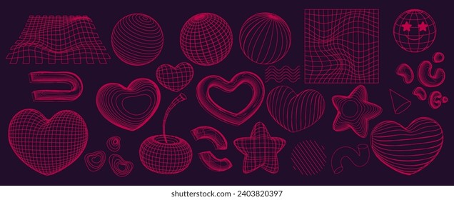 Abstract red wireframe shapes set isolated on background. Vector illustration of 3D grid geometric icons, y2k mesh globe, heart, cherry, star, cone, landscape structure design, cyber space elements