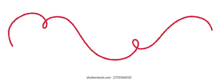 Abstract red yarn thread with wavy squiggly line in a minimal style. Curly rope inspired by embroidery and wool texture creates a playful doodle effect.