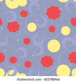 Abstract red and yellow flowers pattern on a purple background