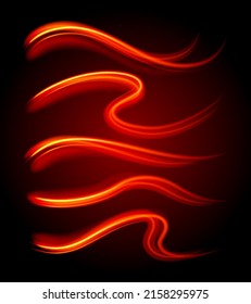 Abstract red yellow gradient curved line smooth burning effect dynamic digital flow set realistic 3d template vector illustration. Futuristic random flash energy power luminous lightning blaze flame