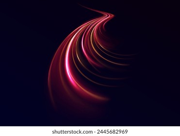 Abstract red yellow light high speed dynamic on black background vector illustration. Curve streak trail line. Fast speed car. Long yellow and red way effect. Vector Glowing neon spiral.	
