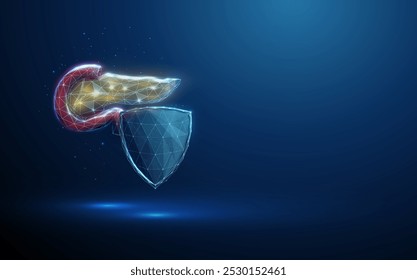 Abstractas páncreas rojo y amarillo detrás de un escudo de guardia futurista. Concepto médico de protección de la salud. Estilo de neón digital de baja poli. Fondo geométrico Estructura de conexión de alambre Vector