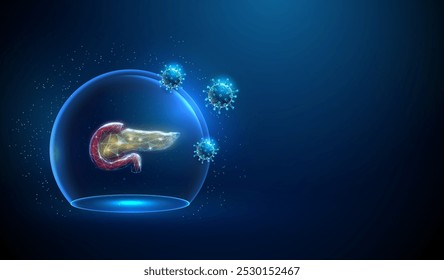 Abstrakte rote und gelbe Bauchspeicheldrüse in einer Glaskuppel, die von Viren angegriffen wird. Neonkugelschild. Medizinisches Konzept des Gesundheitsschutzes. Futuristischer Low-Poly-Stil. Geometrischer Hintergrund. Drahtmodell. Vektor.