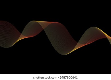 Abstractas línea de onda de partículas rojas y amarillas sobre fondo oscuro. Fondo futurista de degradado de línea de onda
