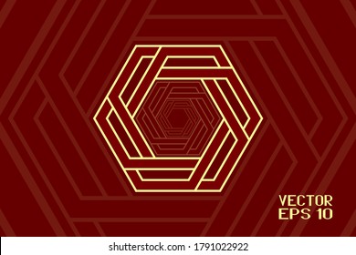 Abstract Red and Yellow Pattern with Stripes. Hexagonal Tunnel. Contrasty Optical Psychedelic Illusion. Vector. 3D Illustration