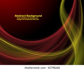 Abstract  red and yellow transparent waves on black  background. Vector illustration.