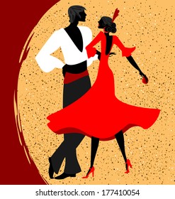 Abstract Red-beige Background And Couple Of Spanish Dancers