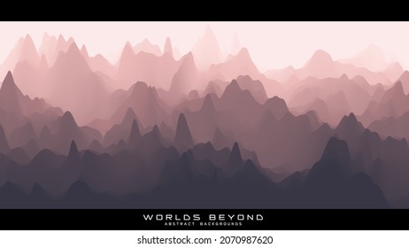 Abstract reddish landscape with misty fog till horizon over mountain slopes. Gradient eroded terrain surface. Worlds beyond.