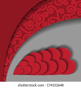 abstract red-gray background with an ornament and hearts from paper