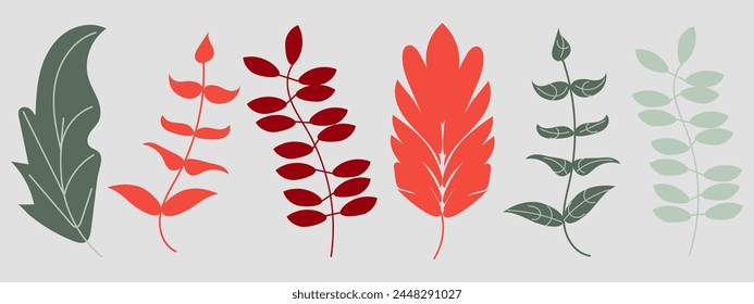 Abstract red-green-grey design-set with multicolored summer leaves on grey background. Bright colorful vector illustration for cards, business, banners, wallpaper, textile	