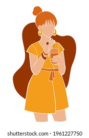 Abstract redhead woman in yellow dress posing with cup of juice. Trendy flat vector illustration for blog, social media, poster, or print. Paper cut style female character in boho colors. 