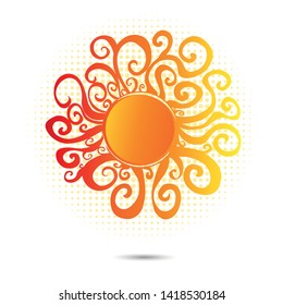 Abstract red-orange sun with curlicues. Vector illustration