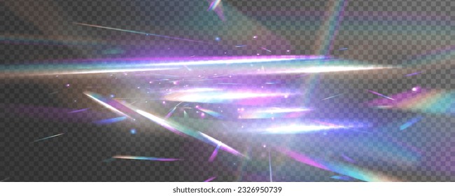 Abstrakter Refraktionsglüheffekt auf schwarzem Hintergrund. Rainbow-Kristall-Lichtleck-Reflektionseffekt einstellen. Transparente Brechungselemente.	