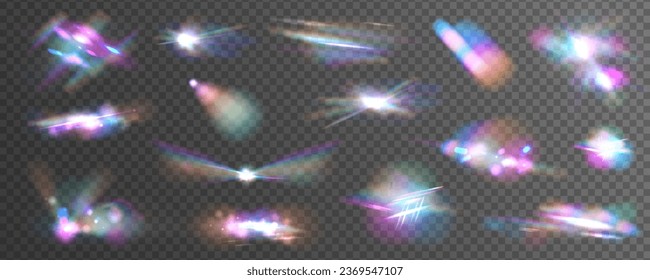 Abstract refraction glow effect on black background. Set of colorful vector lenses and light flares with transparent effects. Transparent refraction elements.	