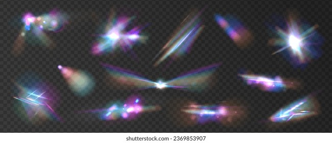 Abstract refraction glow effect on black background. Set of colorful vector lenses and light flares with transparent effects. Transparent refraction elements.	