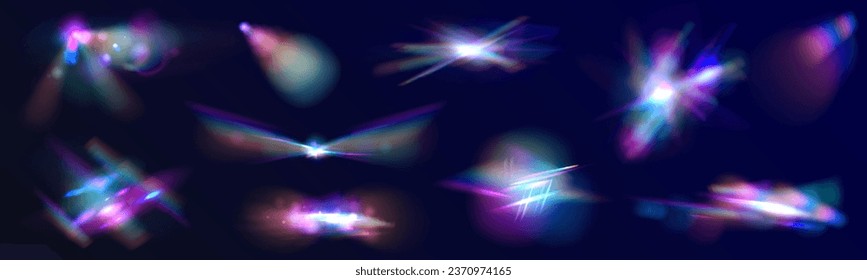 Abstract refraction glow effect on black background. Set of colorful vector lenses and light flares with transparent effects. Transparent refraction elements.	