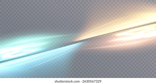 Abstract refractive light glare effect with intersecting translucent rays. Bright blue-gold glare with luminous refraction curves on transparent background.