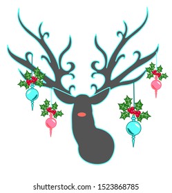 Abstract Reindeer silhouette with curved antlers and festive Christmas decorations holly berries isolated vector illustration