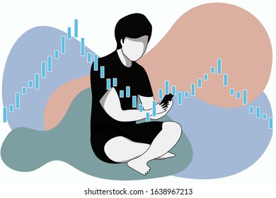 Abstract Relax man sitting on the floor using mobile trade platform with abstract pastel element vector