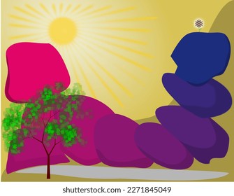 Abstract relief landscape with sun and Flower of Life.
