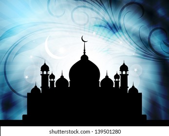 Abstract religious blue color eid background with beautiful mosque,moon and stars. vector illustration.