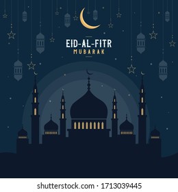 Abstract religious Happy Eid Al Fitr Mubarak Islamic vector illustration with mosques, lights, moon, and stars. Mosque silhouette in the night sky and abstract light.