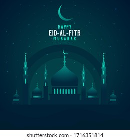 Abstract religious Happy Eid Al Fitr Mubarak Islamic vector illustration with mosque, moon and star. Mosque silhouette in the night sky and abstract light.