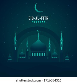 Abstract religious Happy Eid Al Fitr Mubarak Islamic vector illustration with mosque, moon and star. Mosque silhouette in the night sky and abstract light.
