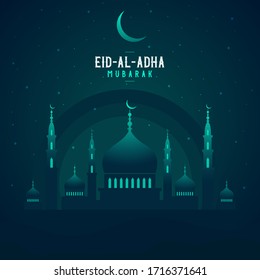 Abstract religious Happy Eid Al Adha Mubarak Islamic vector illustration mosque, moon and star. Mosque silhouette in the night sky and abstract light.