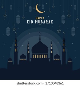 Abstract religious Happy Eid Mubarak Islamic vector illustration with mosques, lights, moon, and stars. Mosque silhouette in the night sky and abstract light.
