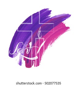 Abstract religious Lent symbols on purple watercolor background - cross and a candle