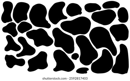 Abstract rendering of cowhide pattern, contrasting black silhouettes against a pristine white backdrop, simulating natural diversity and animalistic charm