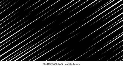 Renderização abstrata com um padrão de linhas diagonais brancas com um brilho azul contra um plano de fundo escuro. O design repetitivo cria uma sensação de movimento e ritmo.