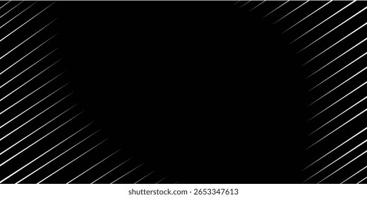 Renderização abstrata com um padrão de linhas diagonais brancas com um brilho azul contra um plano de fundo escuro. O design repetitivo cria uma sensação de movimento e ritmo.