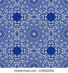 Abstract repeat backdrop with lace floral ornament. Seamless Design for prints, textile, decor, fabric. Vector perfect pattern.