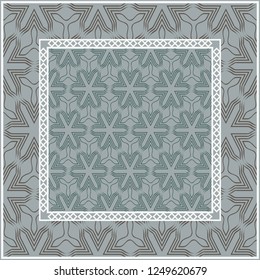 Abstract repeat backdrop with lace floral ornament. Design for prints, textile, decor, fabric. Green color.