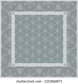 Abstract repeat backdrop with lace floral ornament. Design for prints, textile, decor, fabric. Green color.