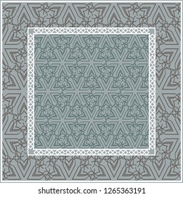 Abstract repeat backdrop with lace floral ornament. Design for prints, textile, decor, fabric. Green color.