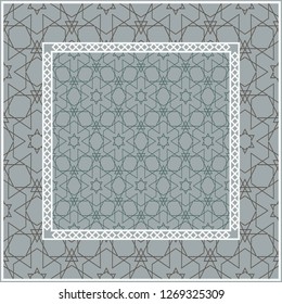 Abstract repeat backdrop with lace floral ornament. Design for prints, textile, decor, fabric. Green color.