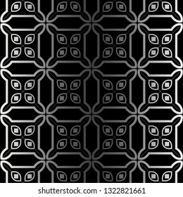 Abstract Repeat Backdrop With Lace Ornament. Seamless Design For Prints, Textile, Decor, Fabric. Super Vector Pattern. Black silver color.