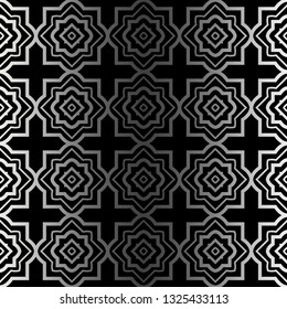 Abstract Repeat Backdrop With Lace Ornament. Seamless Design For Prints, Textile, Decor, Fabric. Super Vector Pattern. Black silver color.
