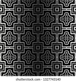 Abstract Repeat Backdrop With Lace Ornament. Seamless Design For Prints, Textile, Decor, Fabric. Super Vector Pattern. Black silver color.
