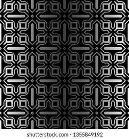 Abstract Repeat Backdrop With Lace Ornament. Seamless Design For Prints, Textile, Decor, Fabric. Super Vector Pattern. Black silver color.