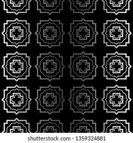 Abstract Repeat Backdrop With Lace Ornament. Seamless Design For Prints, Textile, Decor, Fabric. Super Vector Pattern. Black silver color.
